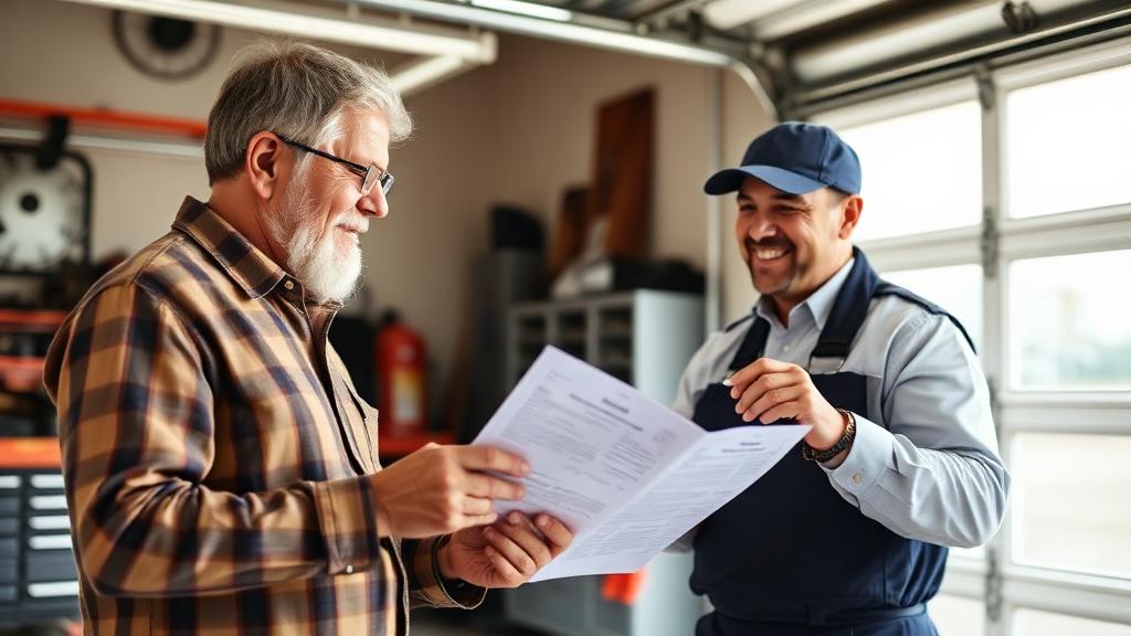 Homeowner reviewing garage door warranty documents with professional technician