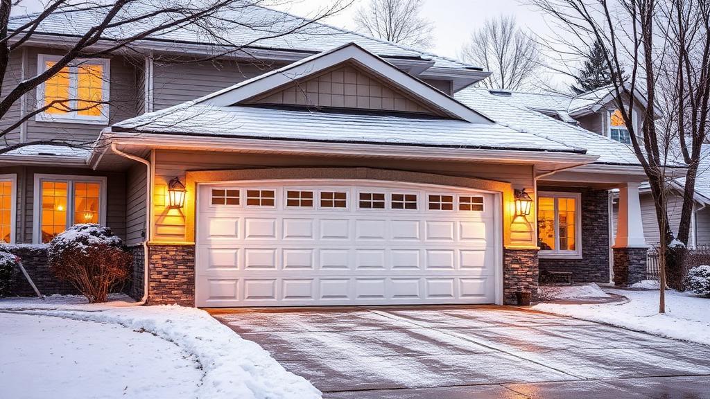 Garage door in winter setting with snow, showing importance of cold weather preparation