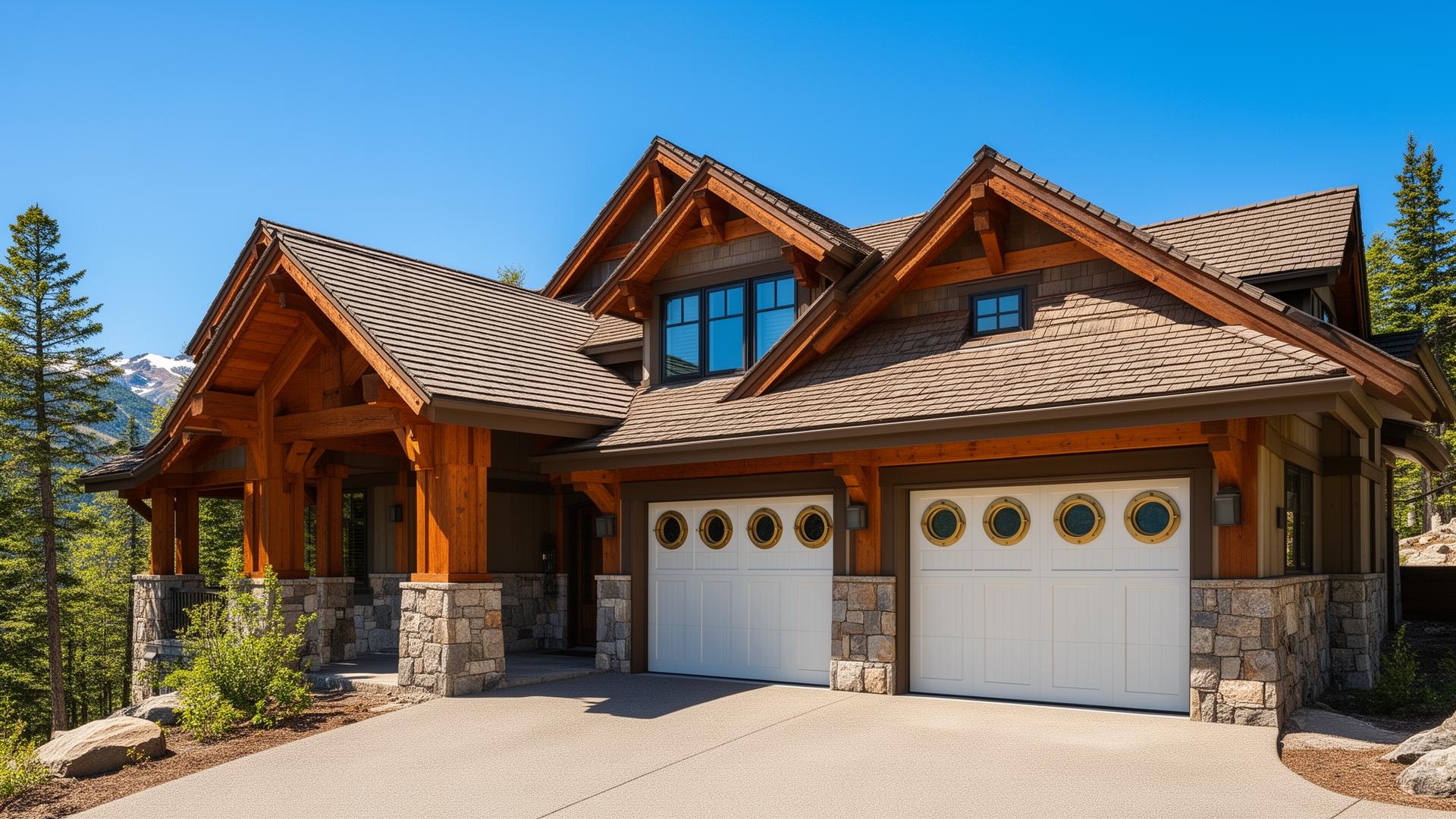 Mountain lodge home with elegant coastal style garage doors featuring porthole windows
